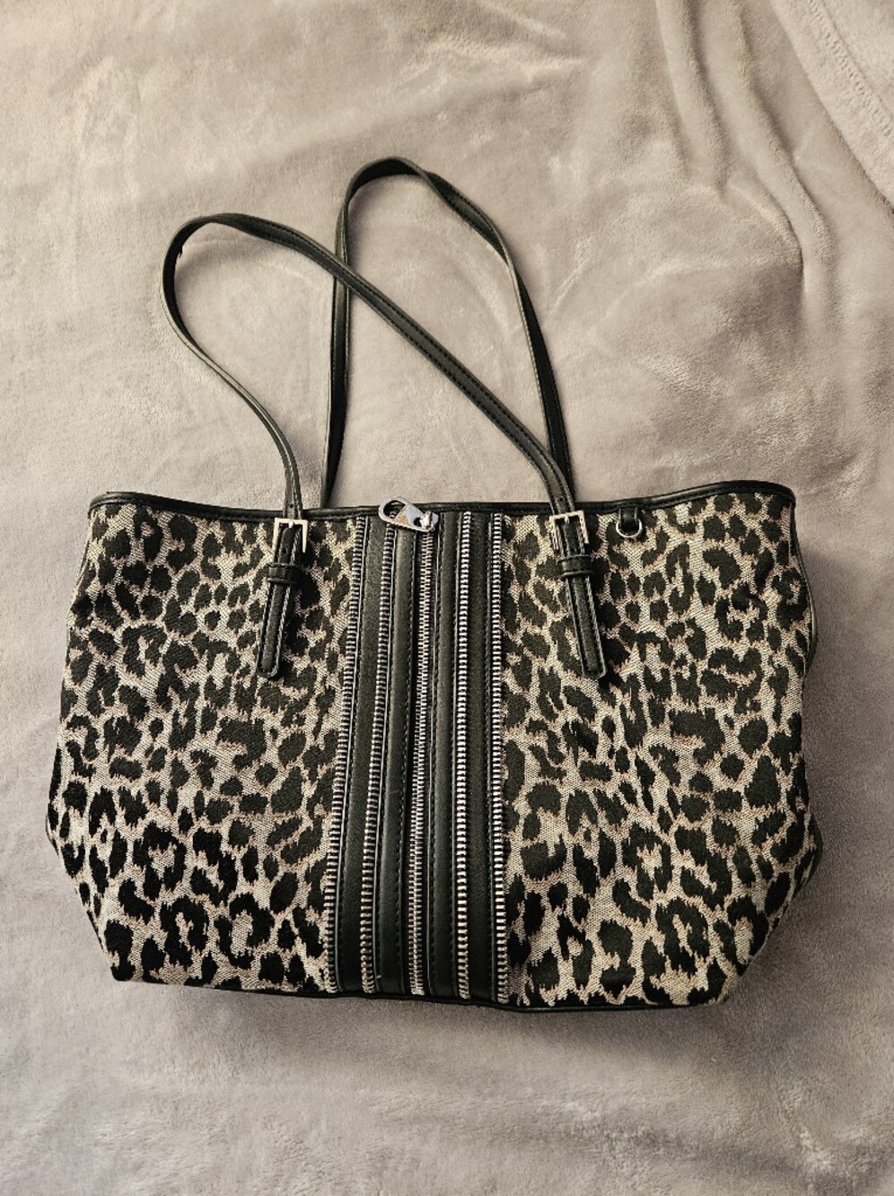 Leopard Print Zip-Strip Tote in Black/Tan